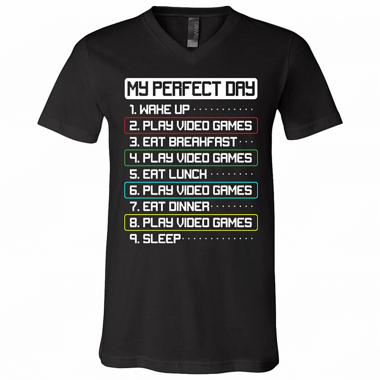 My Perfect Day Wake Up Play Video Games, Black, V-Neck T-Shirt