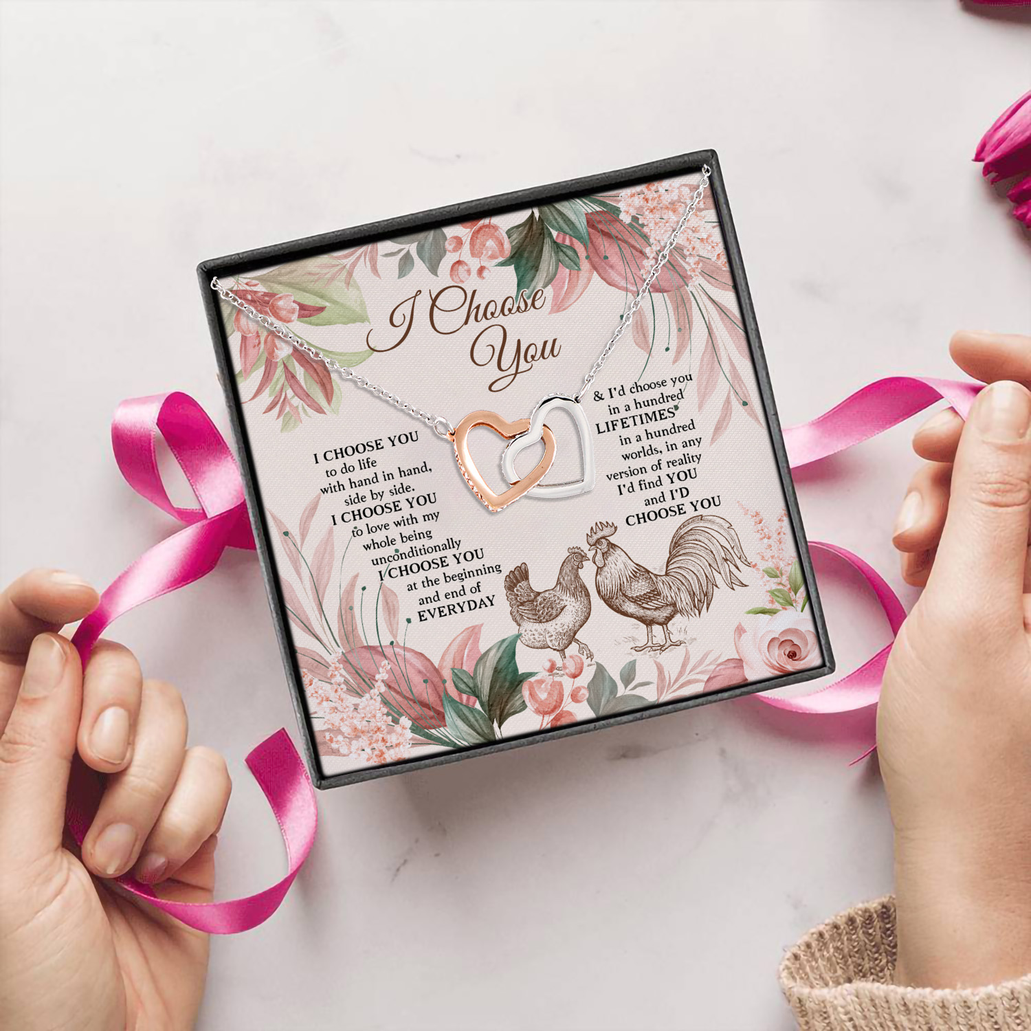 3KT. I Choose You Farming Chicken Couple (4) Interlocking Hearts Necklace 5