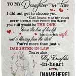 Personalized Daughter In Law Fleece Mink Blanket - I Did Not Choose You That Honor Was My Son's Woven Blanket, White, Cozy Plush Fleece Blanket - 50x60