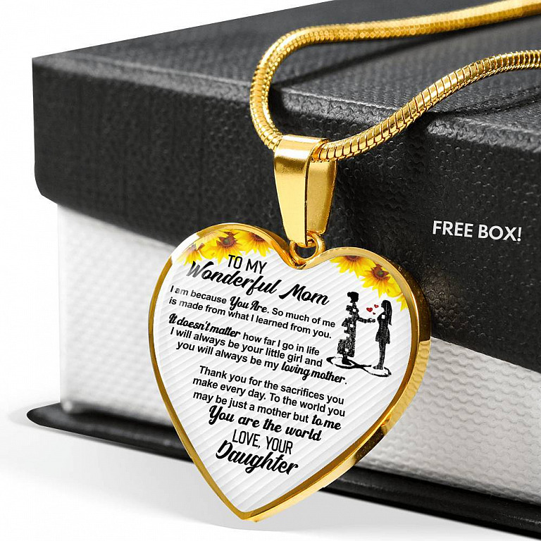 From Daughter To My Wonderful Mom I Am Because You Are So Much Of Me Sunflower Luxury Heart Pendant Necklace - Heart Luxury Necklace (Gold Plated)