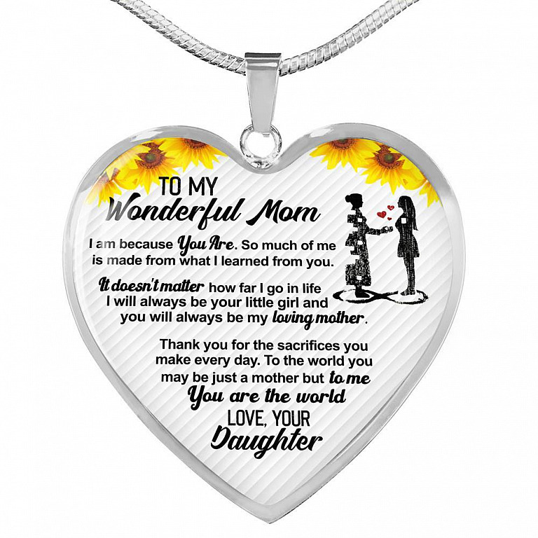 From Daughter To My Wonderful Mom I Am Because You Are So Much Of Me Sunflower Luxury Heart Pendant Necklace - Heart Luxury Necklace (Silver)