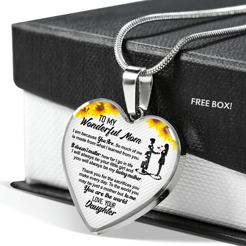 From Daughter To My Wonderful Mom I Am Because You Are So Much Of Me Sunflower Luxury Heart Pendant Necklace - Heart Luxury Necklace (Silver) From Daughter To My Wonderful Mom I Am Because You Are So Much Of Me Sunflower Luxury Heart Pendant Necklace - Heart Luxury Necklace (Silver)