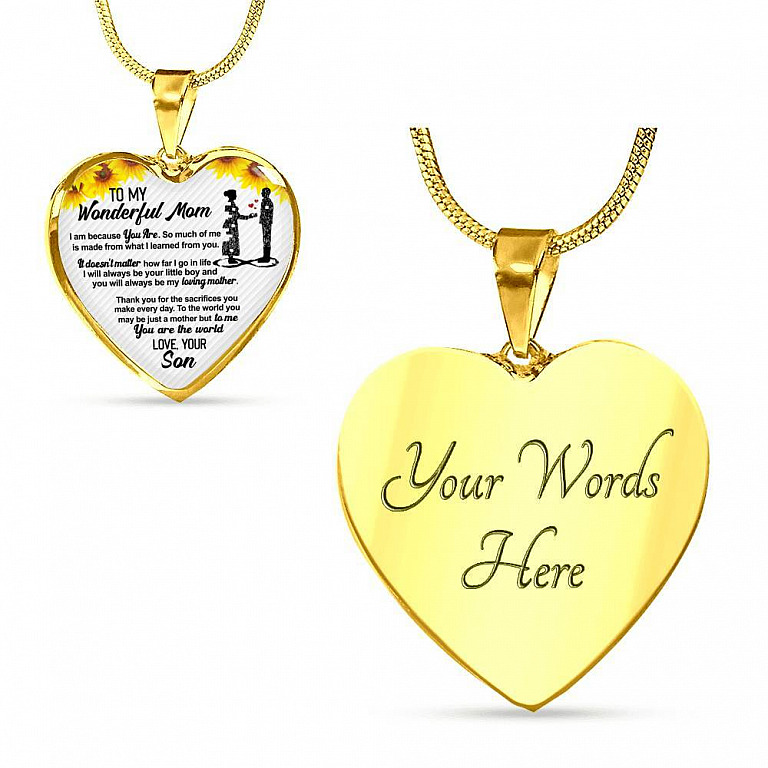 From Son To My Wonderful Mom I Am Because You Are So Much Of Me Sunflower Luxury Heart Pendant Necklace - Heart Luxury Necklace (Gold Plated)