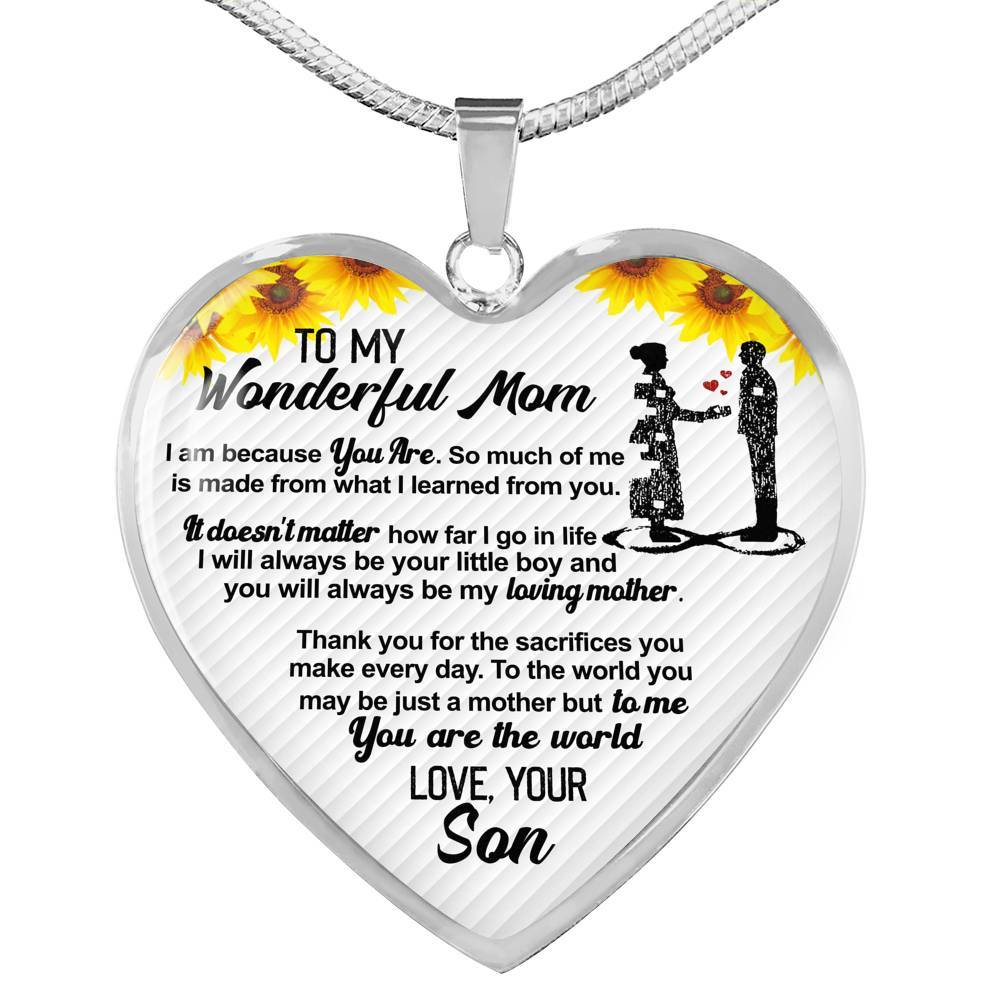 From Son To My Wonderful Mom I Am Because You Are So Much Of Me Sunflower Luxury Heart Pendant Necklace - Heart Luxury Necklace (Silver) From Son To My Wonderful Mom I Am Because You Are So Much Of Me Sunflower Luxury Heart Pendant Necklace - Heart Luxury Necklace (Silver)