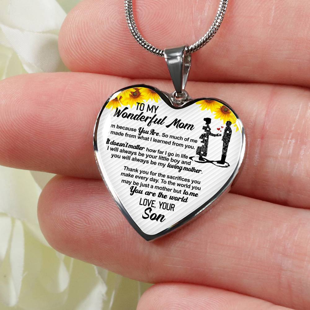 From Son To My Wonderful Mom I Am Because You Are So Much Of Me Sunflower Luxury Heart Pendant Necklace - Heart Luxury Necklace (Silver) From Son To My Wonderful Mom I Am Because You Are So Much Of Me Sunflower Luxury Heart Pendant Necklace - Heart Luxury Necklace (Silver)