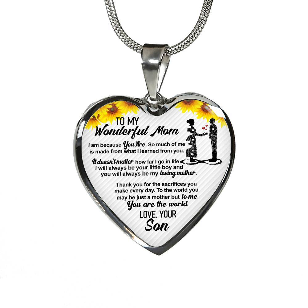 From Son To My Wonderful Mom I Am Because You Are So Much Of Me Sunflower Luxury Heart Pendant Necklace - Heart Luxury Necklace (Silver) From Son To My Wonderful Mom I Am Because You Are So Much Of Me Sunflower Luxury Heart Pendant Necklace - Heart Luxury Necklace (Silver)