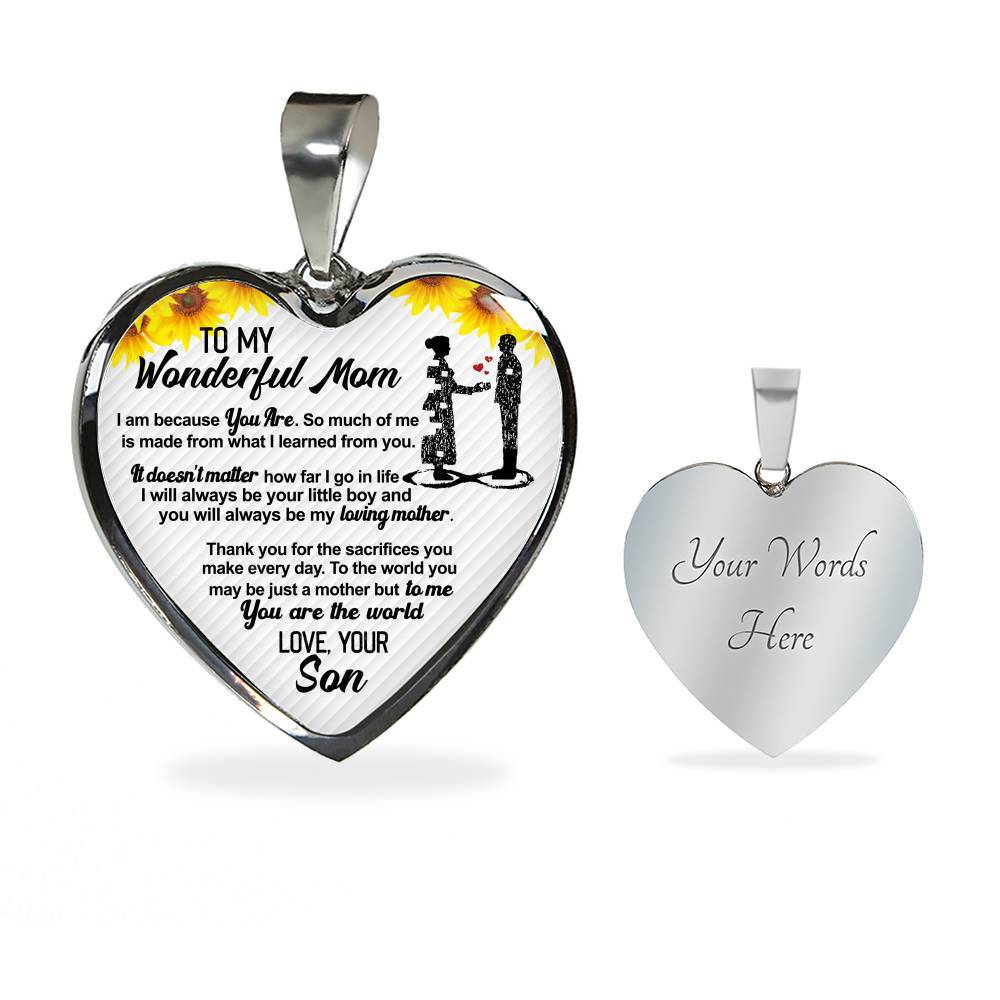 From Son To My Wonderful Mom I Am Because You Are So Much Of Me Sunflower Luxury Heart Pendant Necklace - Heart Luxury Necklace (Silver) From Son To My Wonderful Mom I Am Because You Are So Much Of Me Sunflower Luxury Heart Pendant Necklace - Heart Luxury Necklace (Silver)