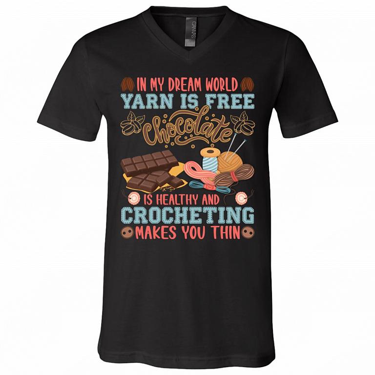 In My Dream World Yarn Is Free Chocolate, Black, V-Neck T-Shirt