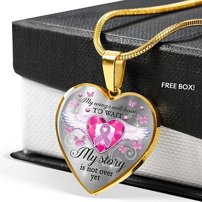 My Wings Will Have To Wait My Story Is Not Over Yet Breast Cancer Awareness Luxury Heart Pendant Necklace - Heart Luxury Necklace (Gold Plated)