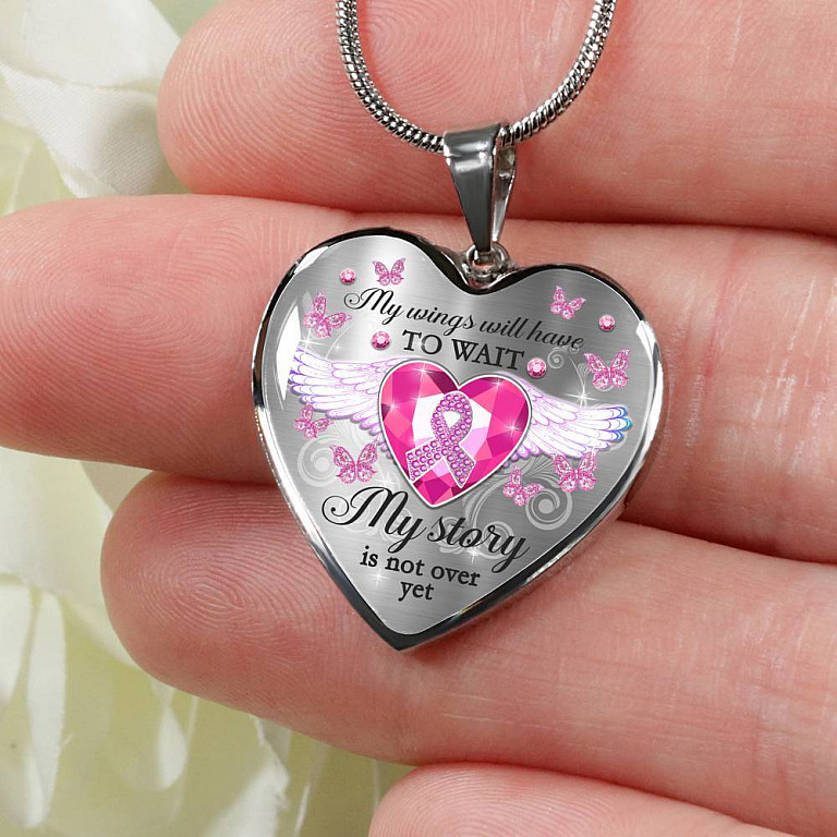 My Wings Will Have To Wait My Story Is Not Over Yet Breast Cancer Awareness Luxury Heart Pendant Necklace - Heart Luxury Necklace (Silver)