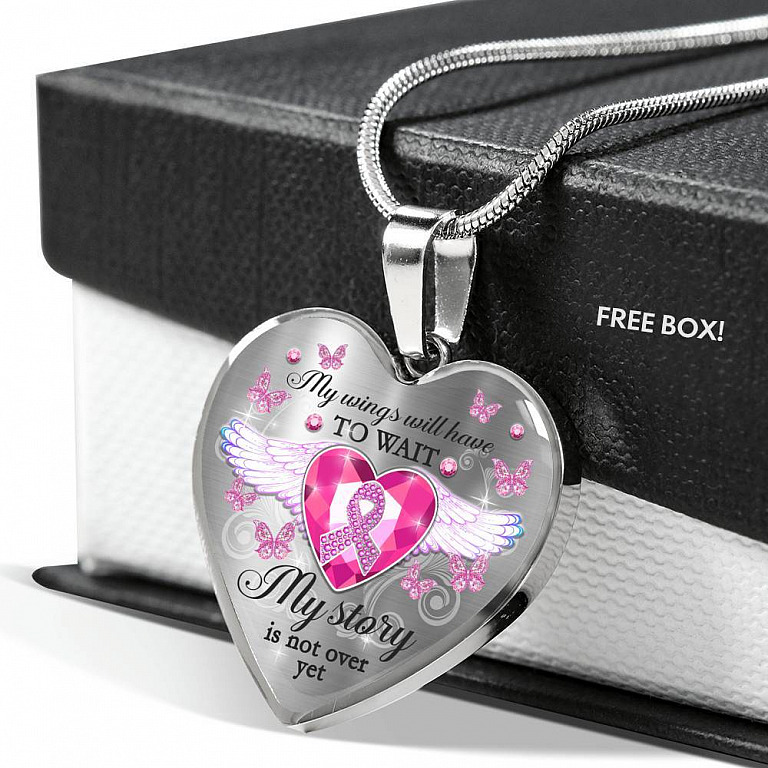My Wings Will Have To Wait My Story Is Not Over Yet Breast Cancer Awareness Luxury Heart Pendant Necklace - Heart Luxury Necklace (Silver)