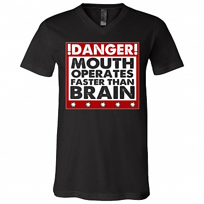 Danger Mouth Operates Faster Than Brain, Black, V-Neck T-Shirt