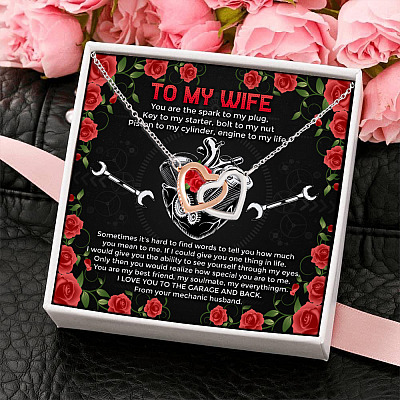 Alternative view of To My Wife You Are The Spark To My Plug Key To My Starter Mechanic Husband Interlocking Hearts Pendant Necklace