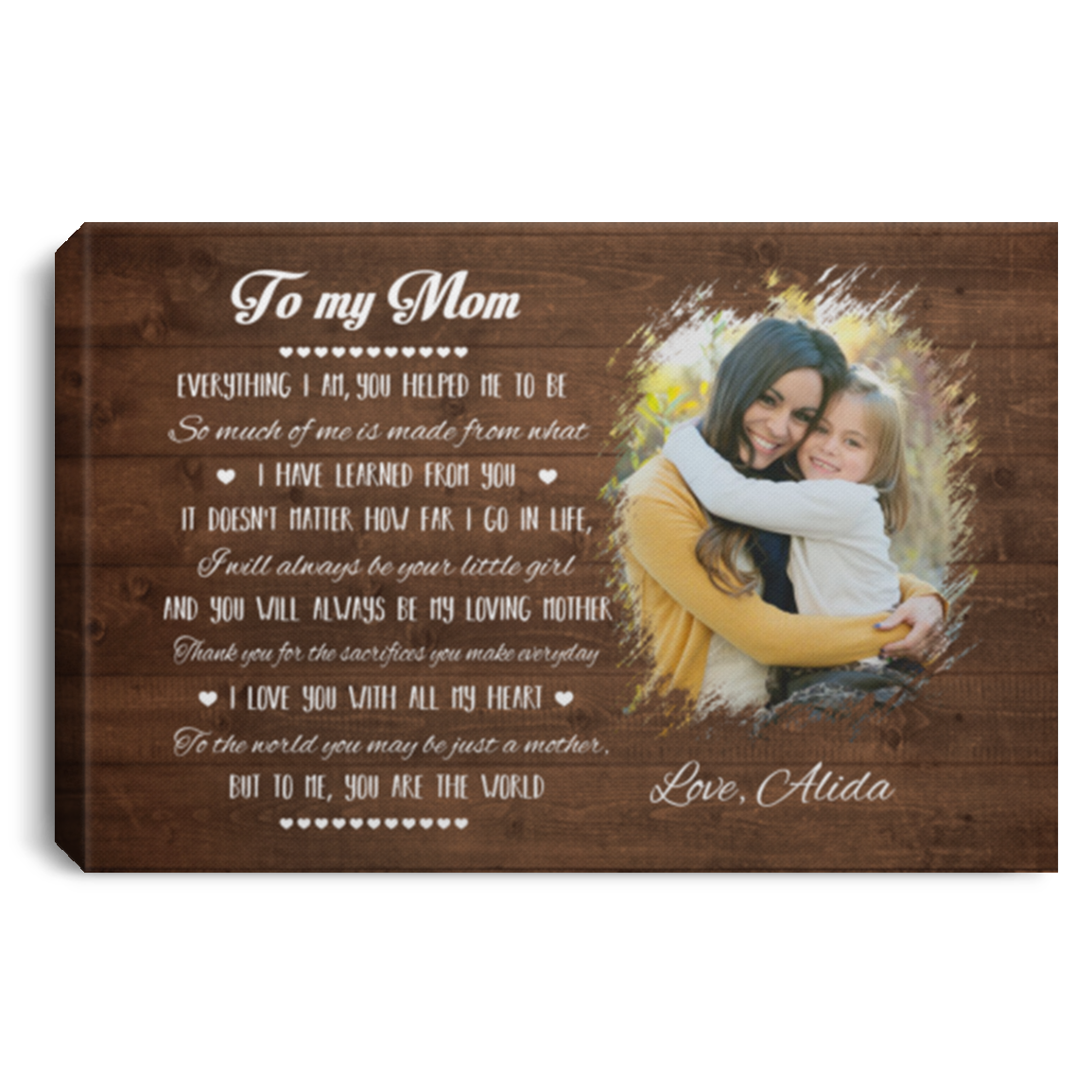 Personalized Photo To My Mom Everything I Am You Helped Me To Be You Are The World Framed Canvas - Unframed Poster, White, 0.75'' Framed Canvas