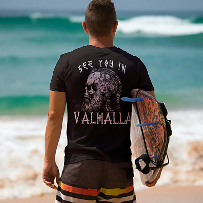 Alternative view of Vikings See You In Valhalla Norsemen Warrior Print on Back Only T-Shirt - Norway Norse Mythology Skull Shirt