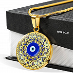 Blue Evil Eye With Mandela Flower Pattern Circle Pendant Necklace - Circle Luxury Necklace (Gold Plated)