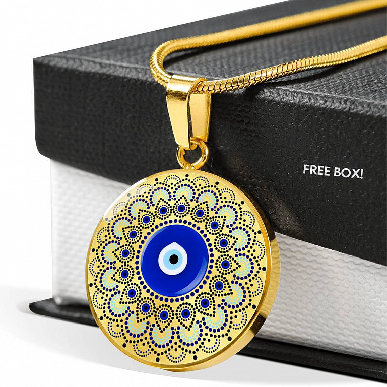 Blue Evil Eye With Mandela Flower Pattern Circle Pendant Necklace - Circle Luxury Necklace (Gold Plated)