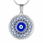 Blue Evil Eye With Mandela Flower Pattern Circle Pendant Necklace - Circle Luxury Necklace (Silver)