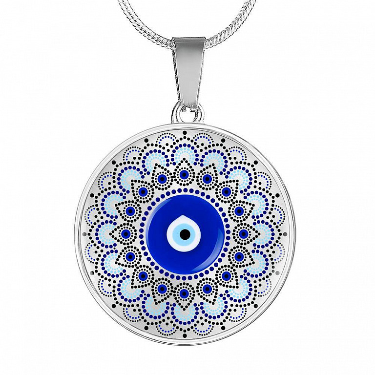 Blue Evil Eye With Mandela Flower Pattern Circle Pendant Necklace - Circle Luxury Necklace (Silver)