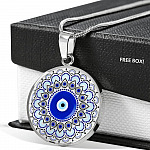 Blue Evil Eye With Mandela Flower Pattern Circle Pendant Necklace - Circle Luxury Necklace (Silver)