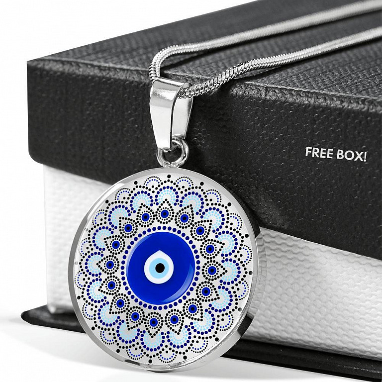 Blue Evil Eye With Mandela Flower Pattern Circle Pendant Necklace - Circle Luxury Necklace (Silver)