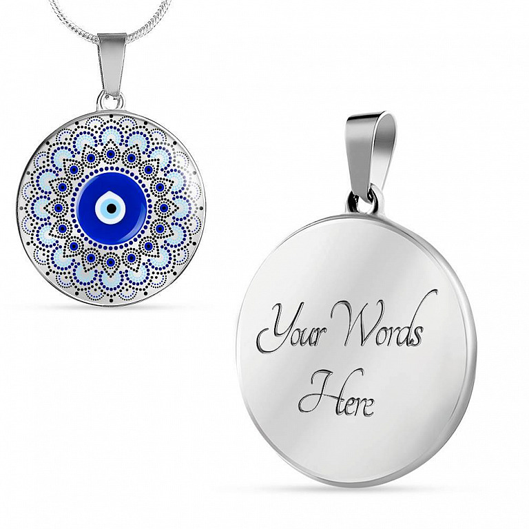 Blue Evil Eye With Mandela Flower Pattern Circle Pendant Necklace - Circle Luxury Necklace (Silver)