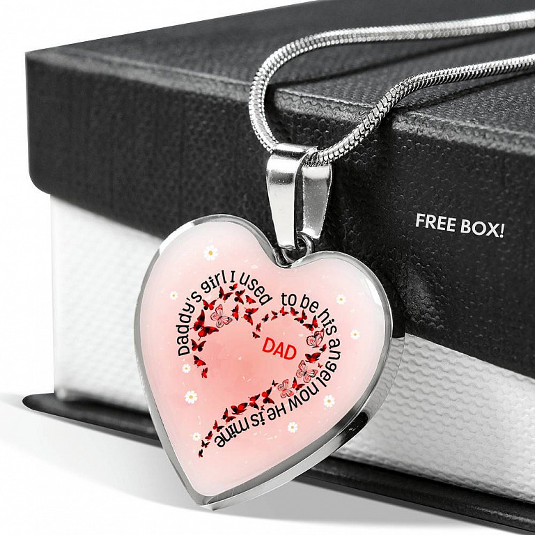 Daddy's Girl I Used To Be His Angel Now He Is Mine Red Plaid Butterfly Heart Luxury Heart Pendant Necklace - Heart Luxury Necklace (Silver)