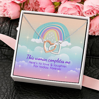 LGBT This Woman Completes Me Here's to Love and Laughter Forever Valentine Interlocking Hearts Pendant Necklace
