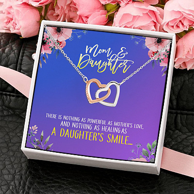 Nothing as Powerful as Mother's Love Nothing Healing as a Daughter's Smile Interlocking Hearts Pendant Necklace