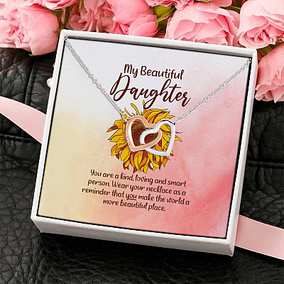 Alternative view of My Beautiful Daughter You Are A Kind Loving And Smart Person Sunflower Interlocking Hearts Pendant Necklace