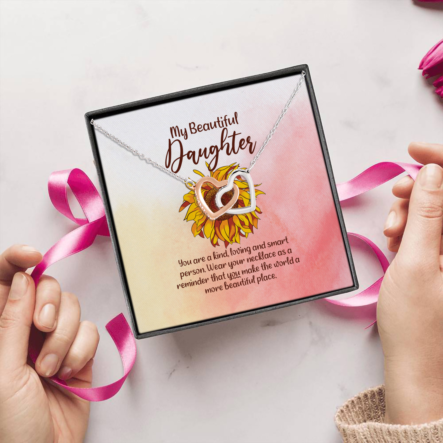 2VT. My Beautiful Daughter Sunflower Interlocking Hearts Necklace 5