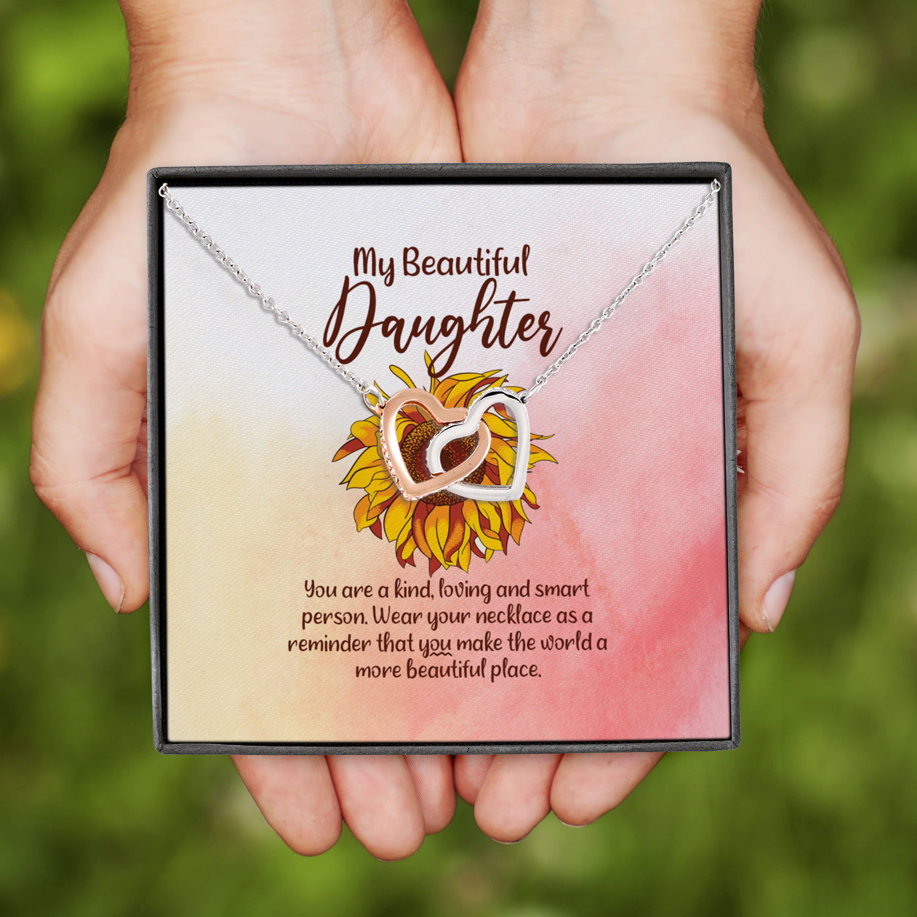 2VT. My Beautiful Daughter Sunflower Interlocking Hearts Necklace