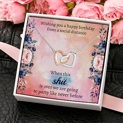 Wishing You Happy Birthday From A Social Distanced Interlocking Hearts Pendant Necklace