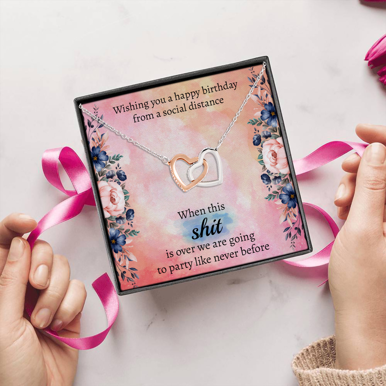 3HP. Happy Birthday Social Distance Message Card (3) Interlocking Hearts Necklace 5
