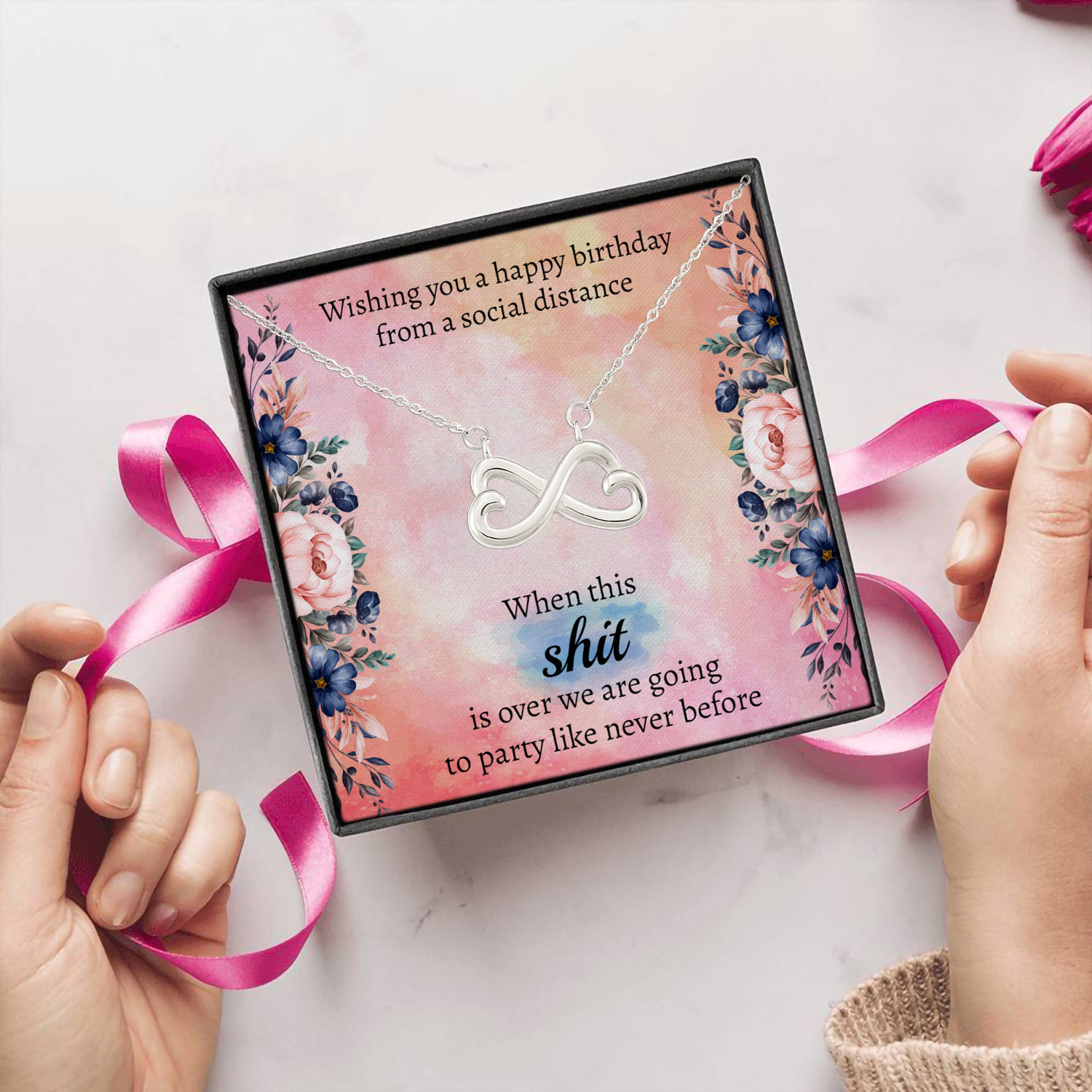 3HP. Happy Birthday Social Distance Message Card (3) Infinity Heart Necklace (Silver) 5