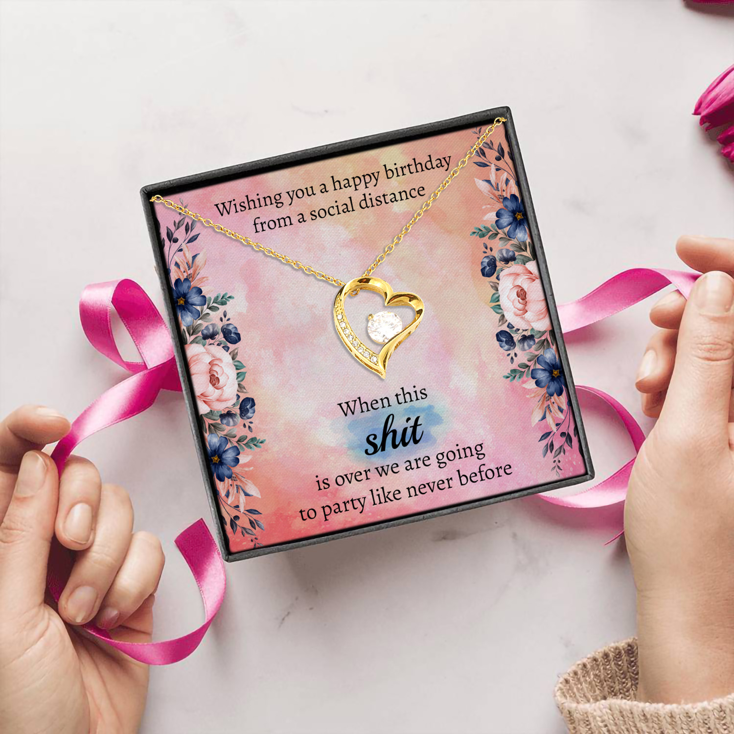 3HP. Happy Birthday Social Distance Message Card (3) Forever Love Necklace (Gold) 5