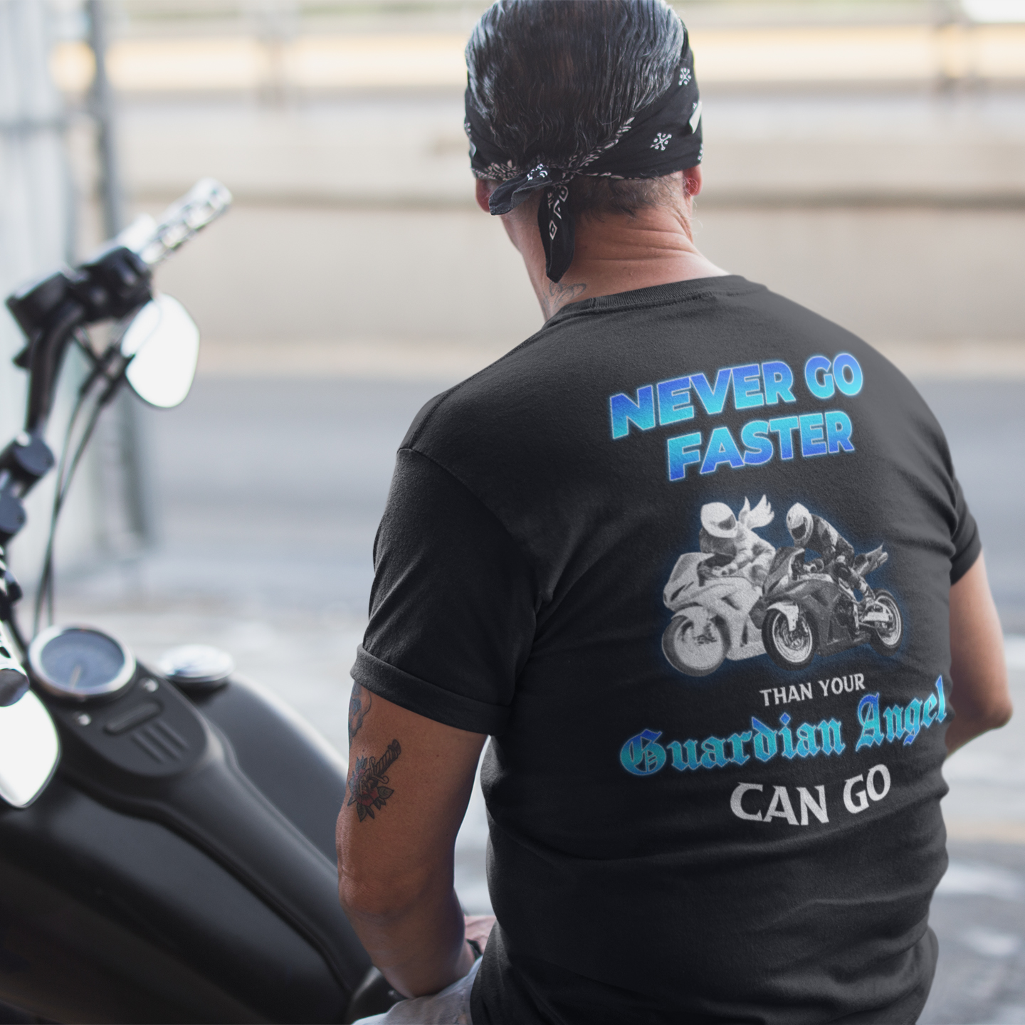 Men's Biker T-Shirt - 'Never Ride Faster Than Your Angel Can Fly' Design, Multiple Sizes - View #2