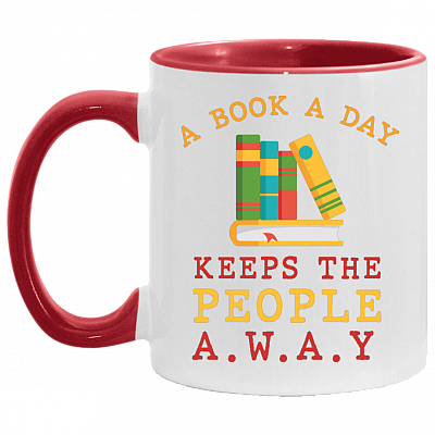 A Book A Day Keeps The People Away Accent Coffee Mug - Book Lover Gifts, White/Red, 11 oz. Accent Mug