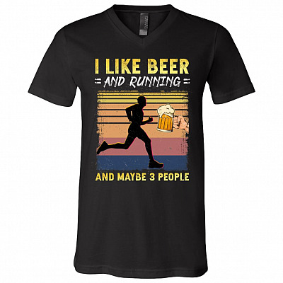 I Like Beer And Running, Black, V-Neck T-Shirt