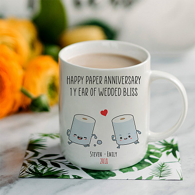 Alternative view of Personalized 1st Wedding Anniversary Happy Paper Gift for Him Ceramic Coffee Mug - Water Bottle