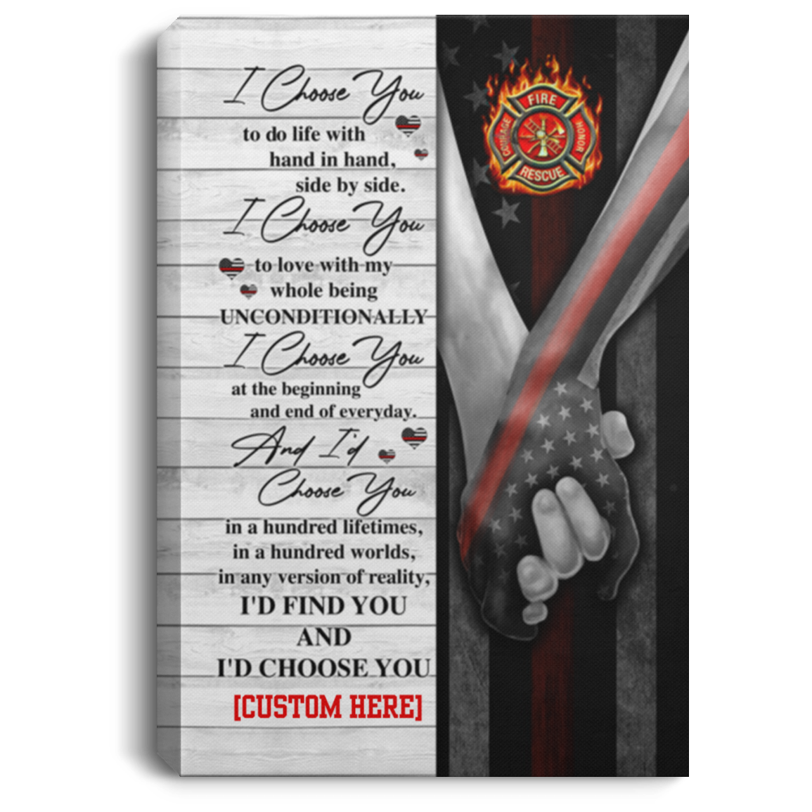 Personalized Firefighter I Choose You To Do Life With Hand In Hand Side By Side Canvas Prints - Unframed Poster, White, 0.75'' Framed Canvas