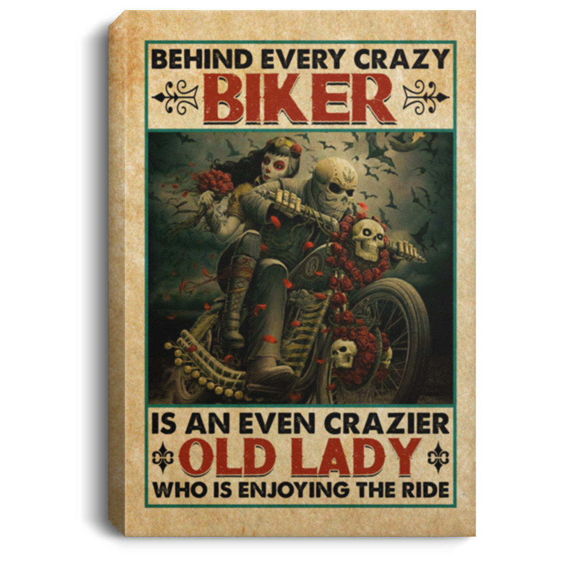Motorcycle Couple Behind Every Crazy Biker Is Crazy Old Lady Valentine Gift Framed Canvas Prints - Unframed Poster, White, 0.75'' Framed Canvas