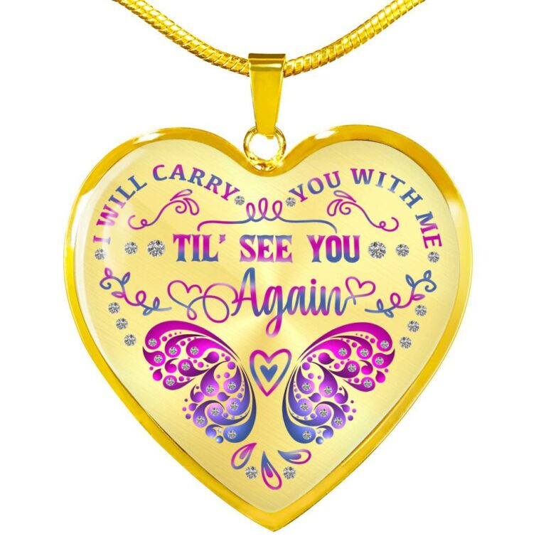 Purple Butterfly I Will Carry You With Me Til I See You Again Heart Pendant Necklace - Heart Luxury Necklace (Gold Plated)