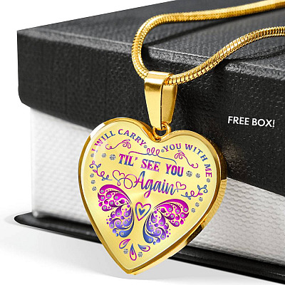 Purple Butterfly I Will Carry You With Me Til I See You Again Heart Pendant Necklace - Heart Luxury Necklace (Gold Plated)