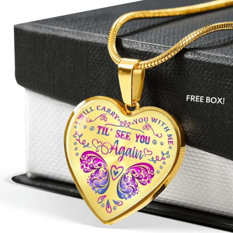 Purple Butterfly I Will Carry You With Me Til I See You Again Heart Pendant Necklace - Heart Luxury Necklace (Gold Plated)