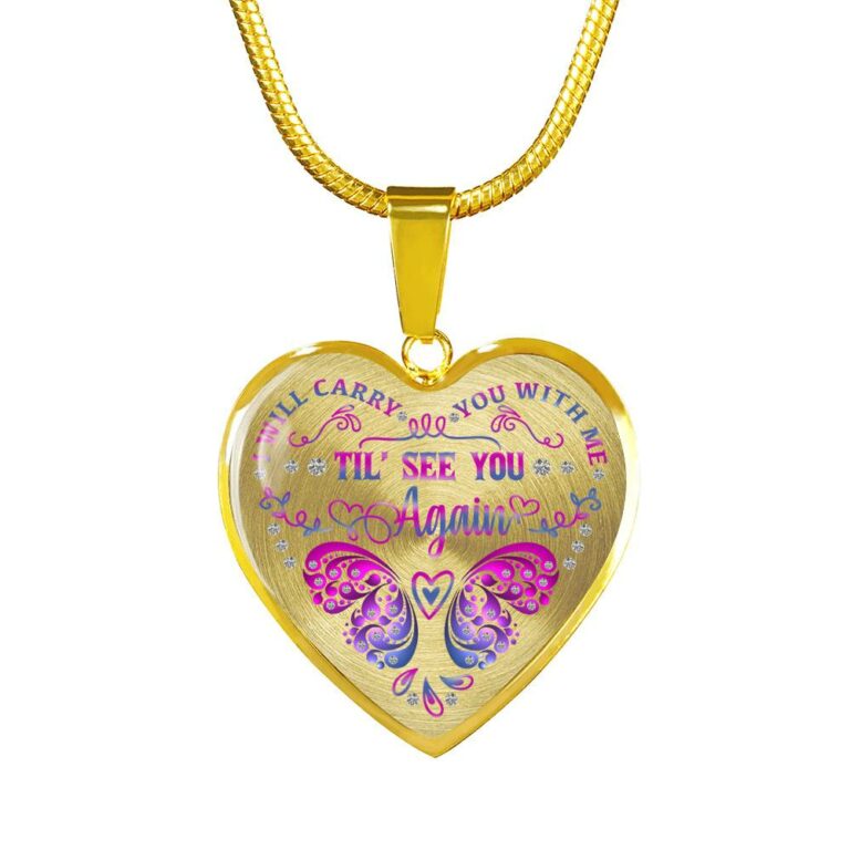 Purple Butterfly I Will Carry You With Me Til I See You Again Heart Pendant Necklace - Heart Luxury Necklace (Gold Plated)