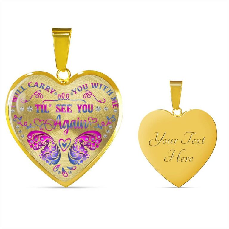 Purple Butterfly I Will Carry You With Me Til I See You Again Heart Pendant Necklace - Heart Luxury Necklace (Gold Plated)