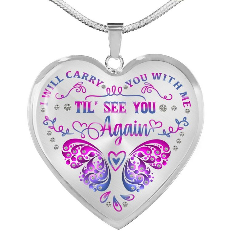 Purple Butterfly I Will Carry You With Me Til I See You Again Heart Pendant Necklace - Heart Luxury Necklace (Silver)