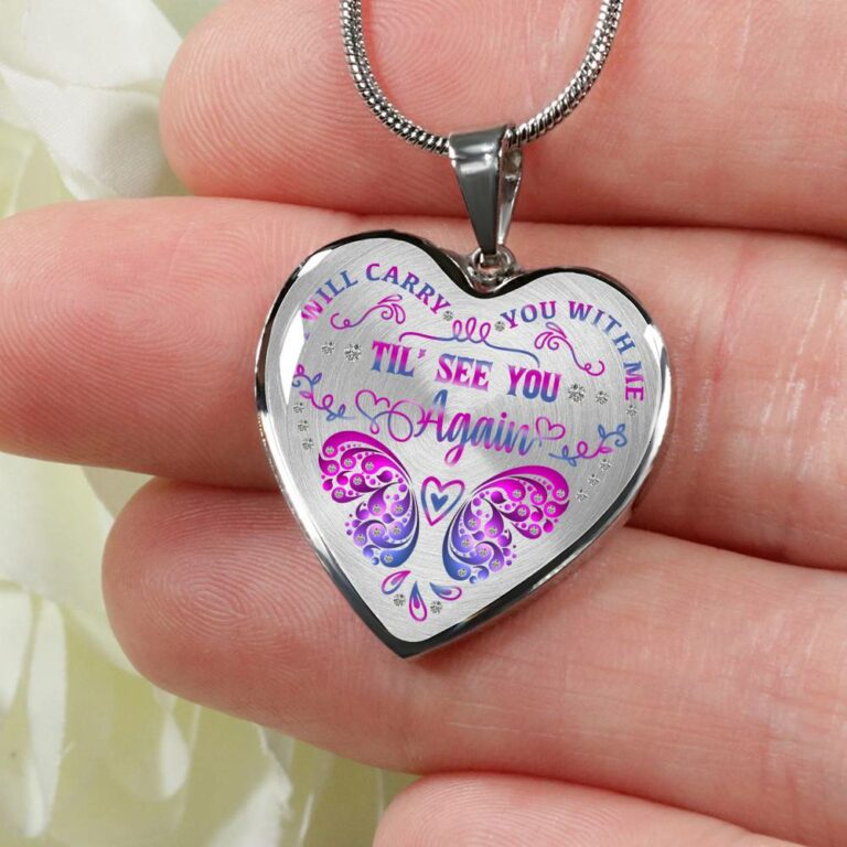 Purple Butterfly I Will Carry You With Me Til I See You Again Heart Pendant Necklace - Heart Luxury Necklace (Silver)
