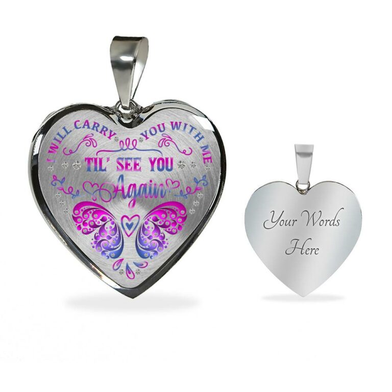 Purple Butterfly I Will Carry You With Me Til I See You Again Heart Pendant Necklace - Heart Luxury Necklace (Silver)